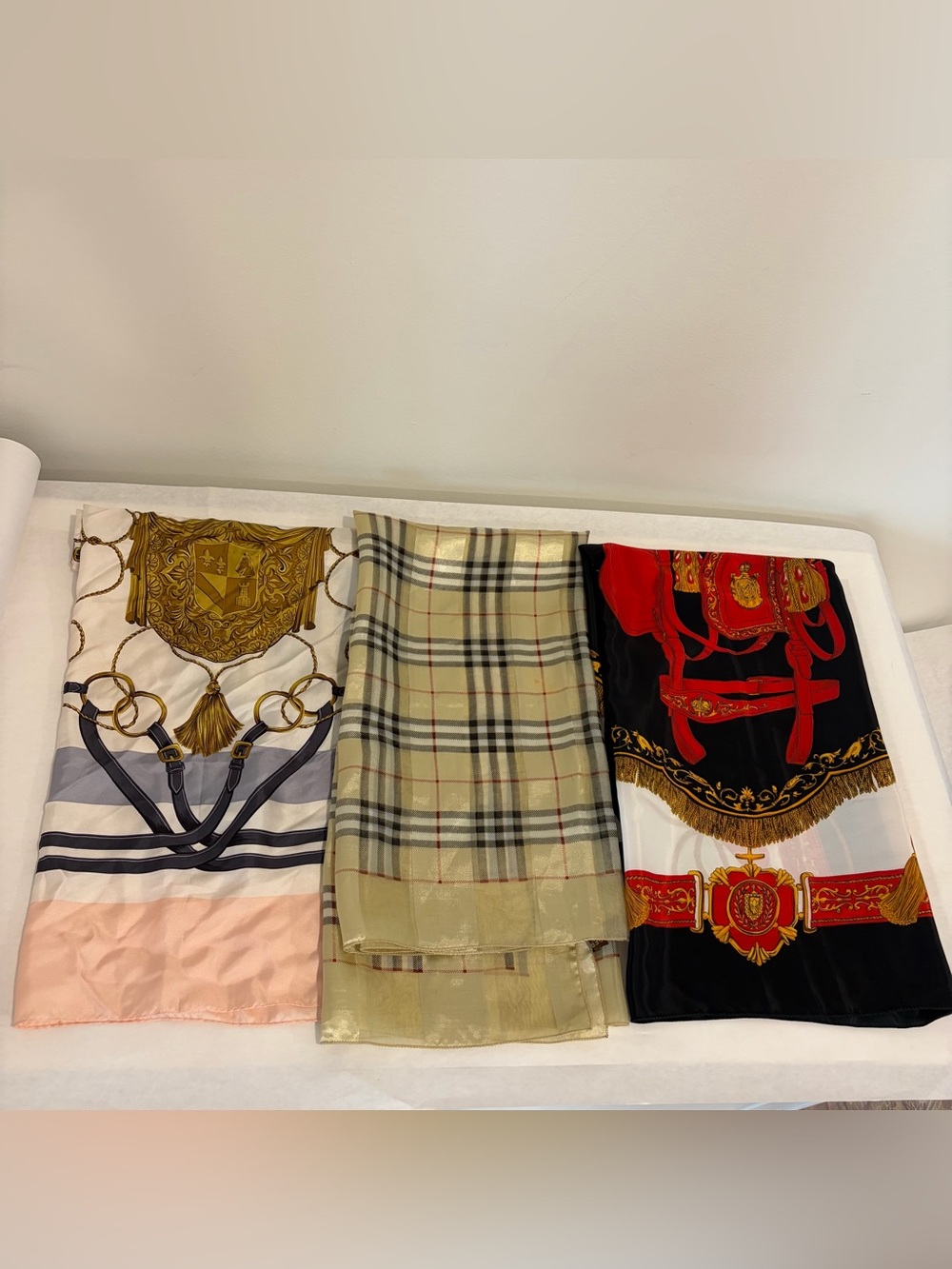3pc Vintage Satin Scarf Lot 36” Square Horse Equestrian Plaid Red Black Print
